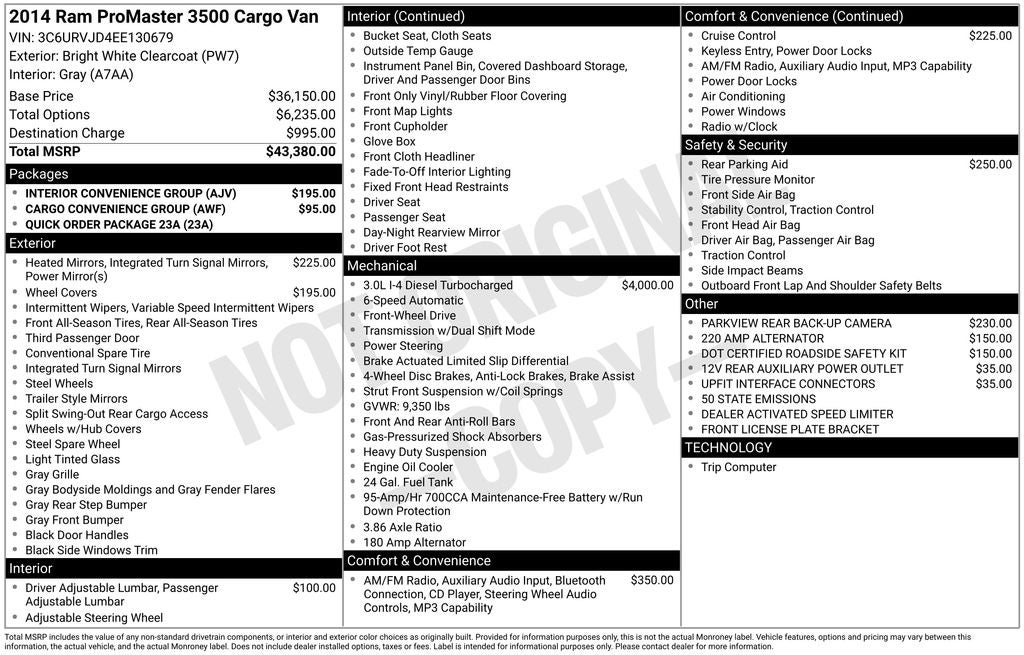 2014 RAM ProMaster 3500 High Roof