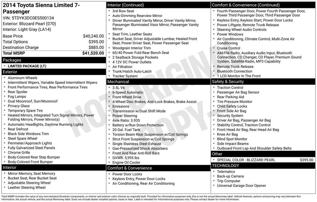 2014 Toyota Sienna Limited 7 Passenger